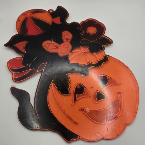 Vintage Halloween Window Hanging Black Cat Pumpkin Jack Approx 9"x7" W - Picture 4 of 4